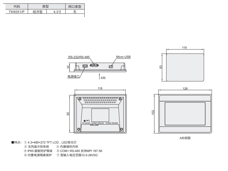 经济型TK系列（IP) 4.3寸 触摸屏材质图