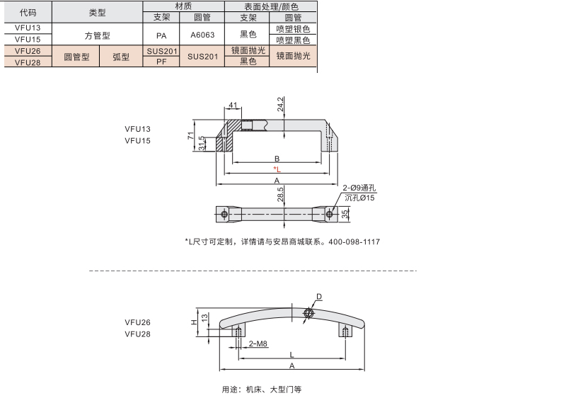 管型拉手 方管型 外部固定/圆管 弧形 内部固定型材质图