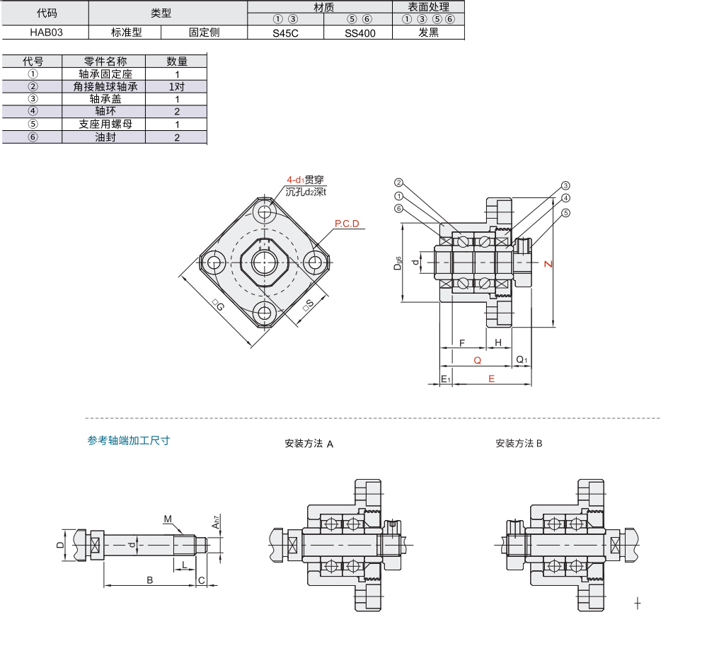 圆形丝杠支座组件 固定侧 精密型材质图