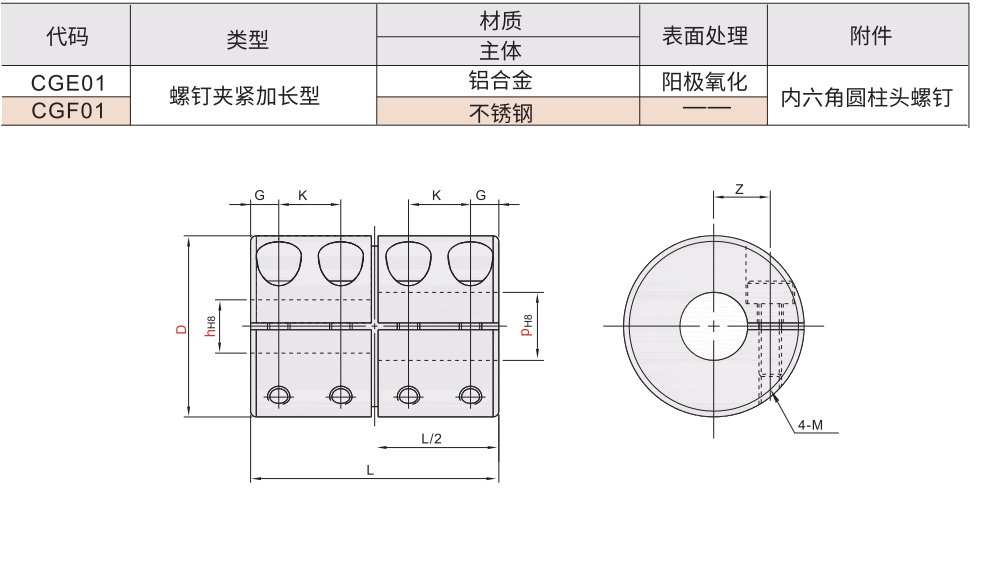 刚性联轴器 螺钉夹紧加长型材质图