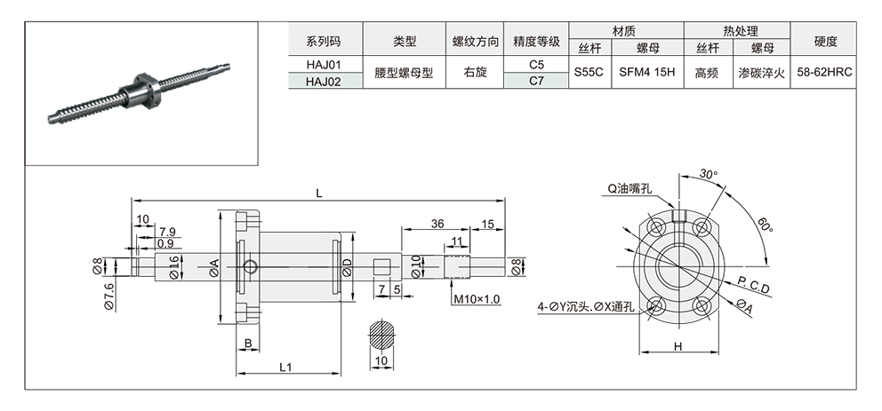 强化防尘 腰型型 直径16 导程5/10材质图