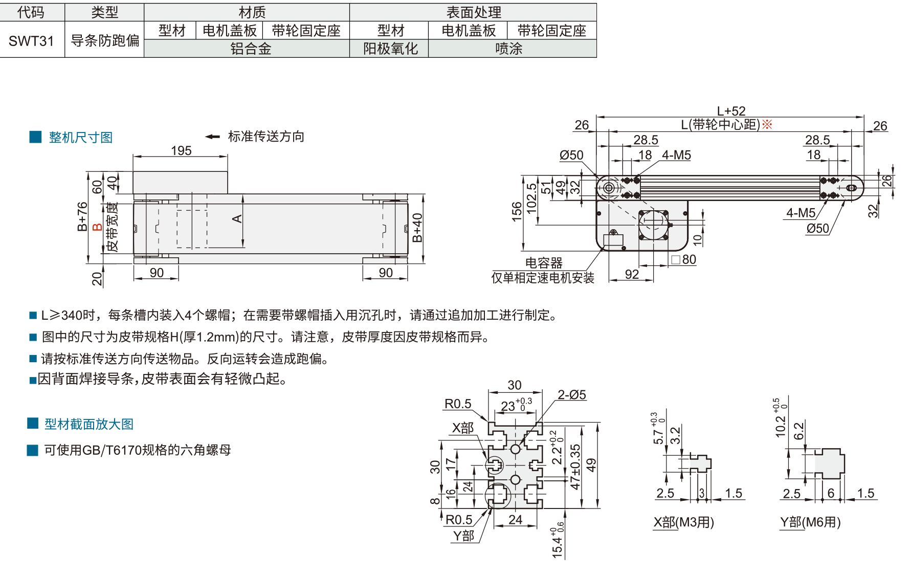 平皮带输送机 SWT31步进型 宽度指定型 带防跑偏 头部驱动三槽型材 (带轮直径50mm)材质图