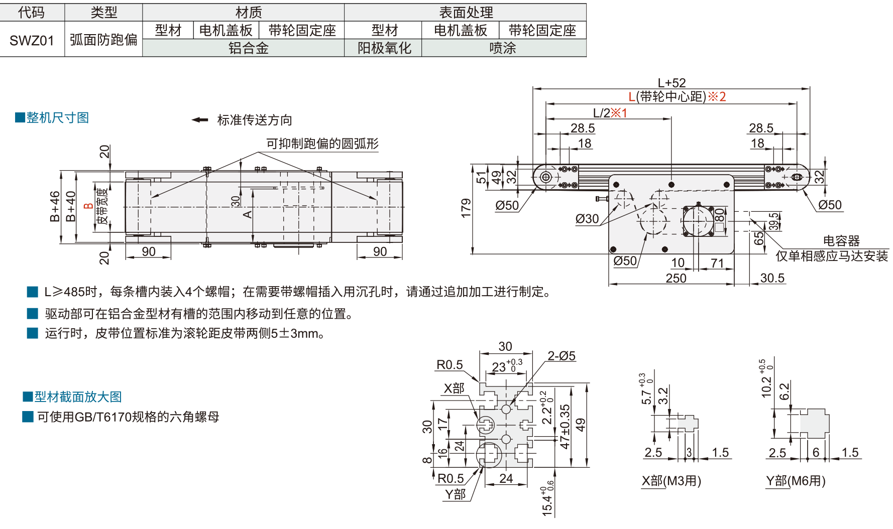 平皮带输送机 SWZ01步进型 宽度指定型 中间驱动三槽型材 (带轮直径50mm)材质图