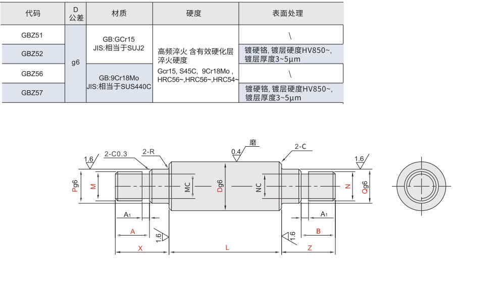 线性导向轴 两端台阶外螺纹 标准型材质图