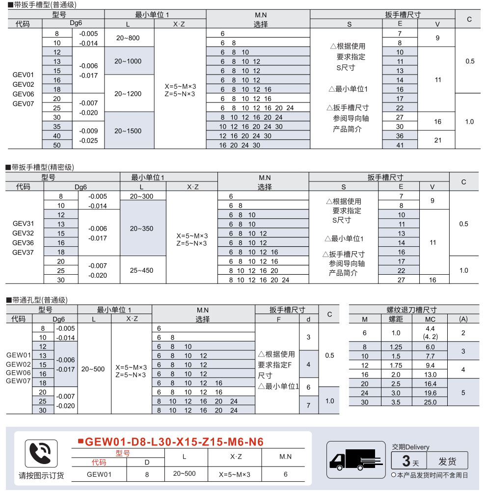 导向轴 两端外螺纹带退刀槽型/带扳手槽型/带通孔型参数图1