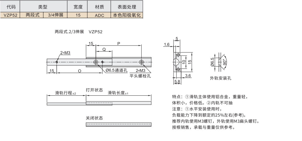 工业滑轨 轻载型 15系列 两段式 3/4伸展材质图