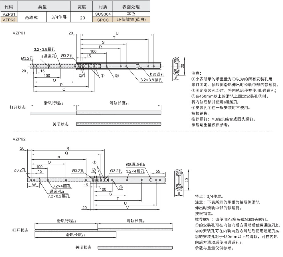 工业滑轨 轻载型 20系列 两段式 3/4伸展材质图