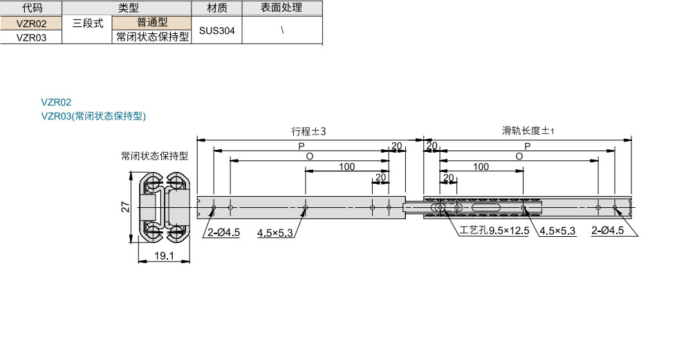 工业滑轨 轻载型 三段式 普通型/常闭状态保持型材质图