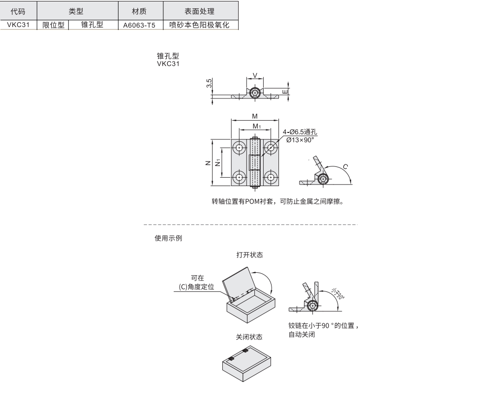 铝合金蝶形铰链 限位型 锥孔型材质图