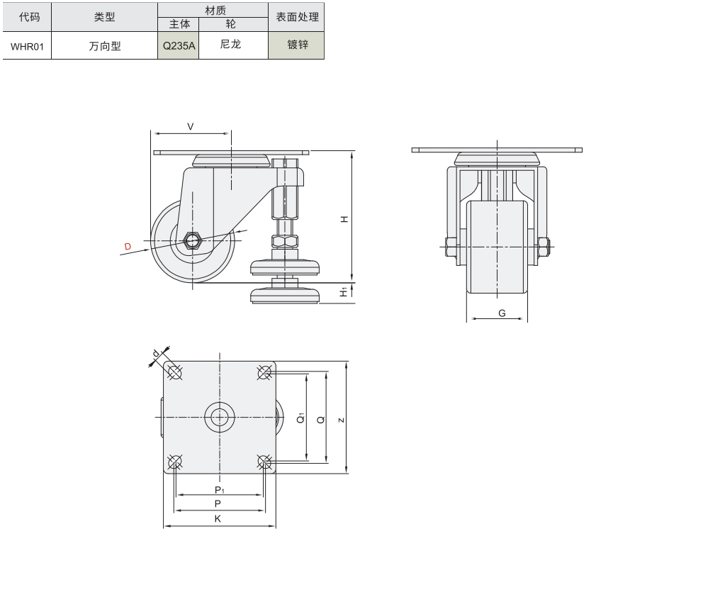 福马轮 带调整块脚轮 中重载型(150~200KG)材质图