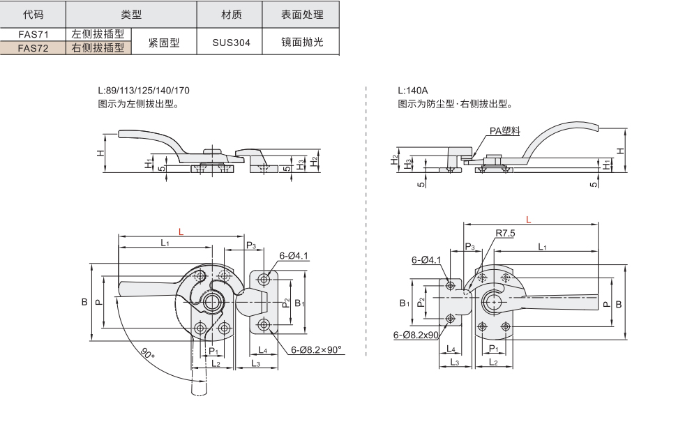 密封扣 重型门用 左侧拔插型/右侧拔插型材质图