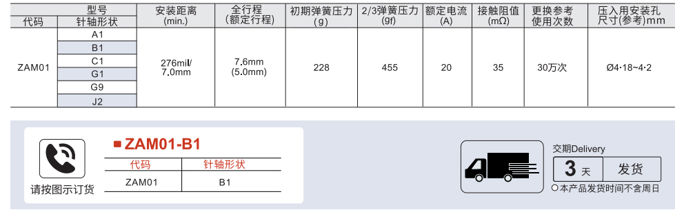 整体探针 最小安装中心距276mil/7.0mm 最大行程7.6mm参数图1