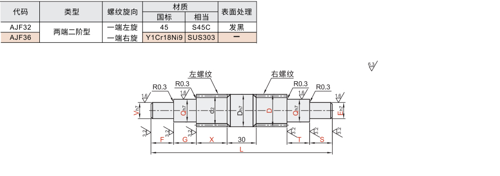 30度梯形丝杆 两端二阶型 中部公差h7型材质图