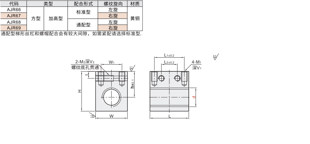 30度梯形丝杆用螺帽 加高型 方型材质图