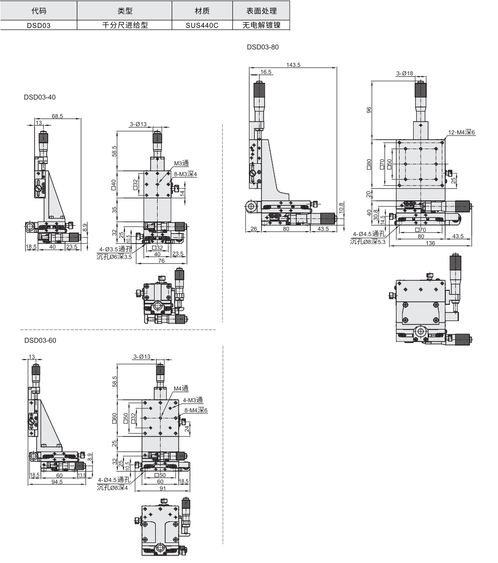 手动位移台 XYZ轴 线性滚珠引导式 千分尺进给型材质图
