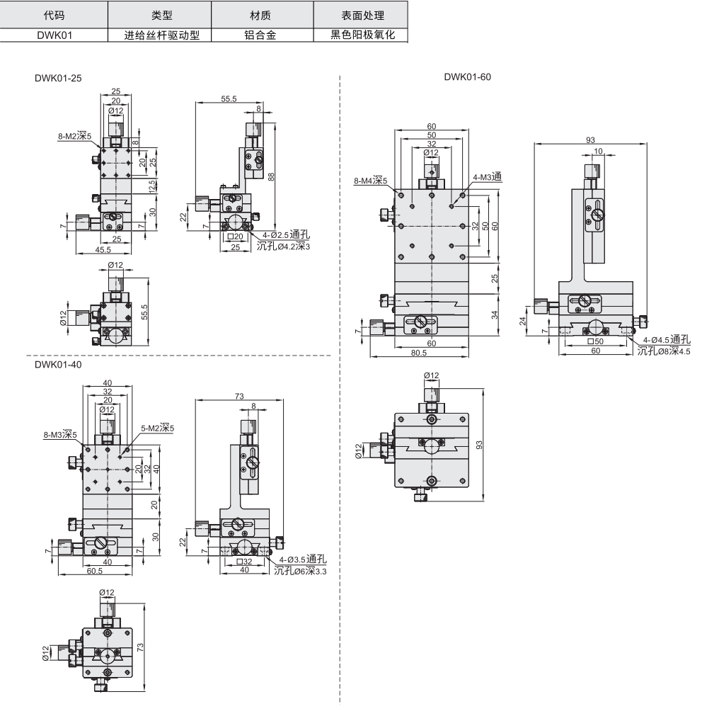 手动位移台 XYZ轴 燕尾槽式 进给丝杆驱动型材质图