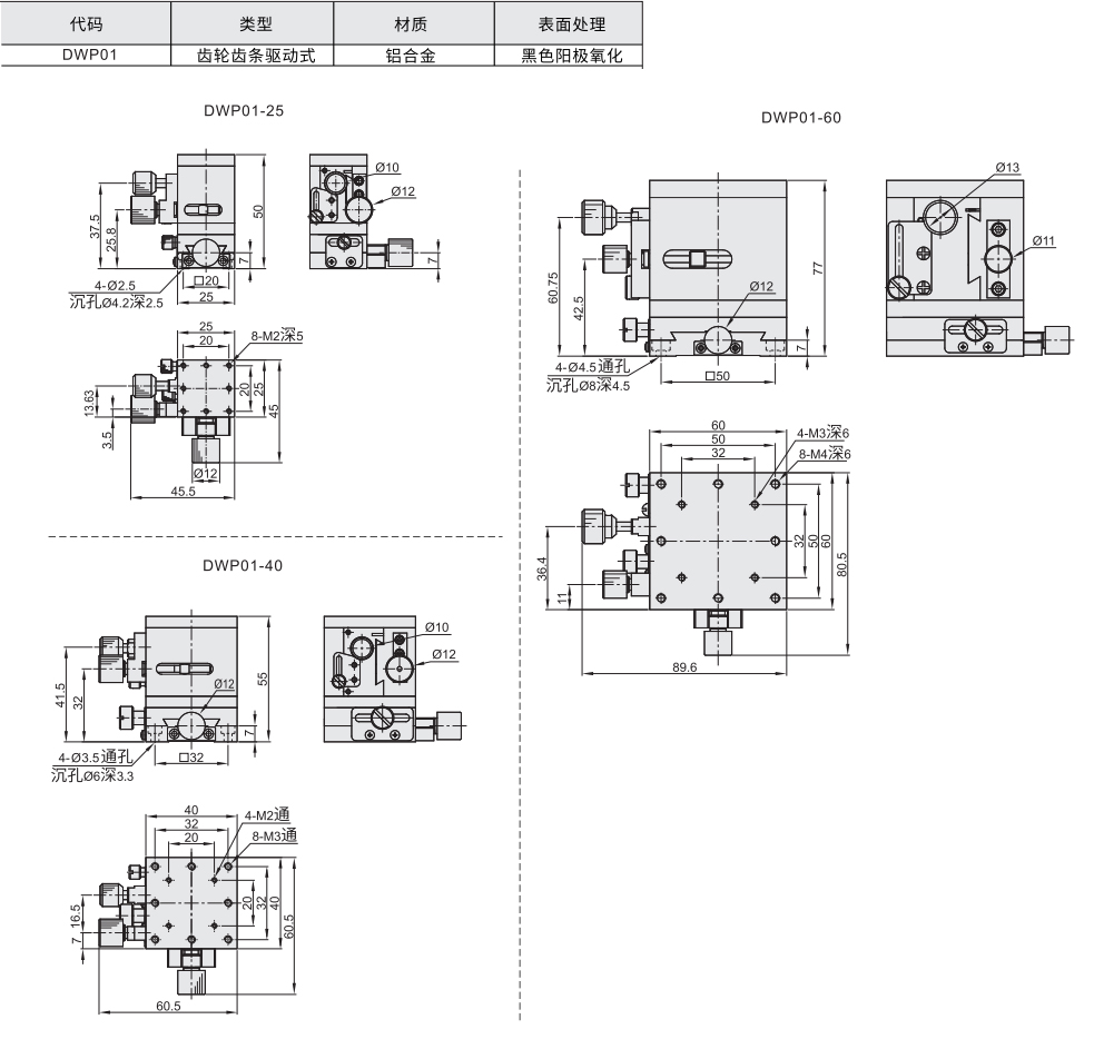 手动位移台 XYZ轴 燕尾槽式 齿轮齿条驱动式材质图